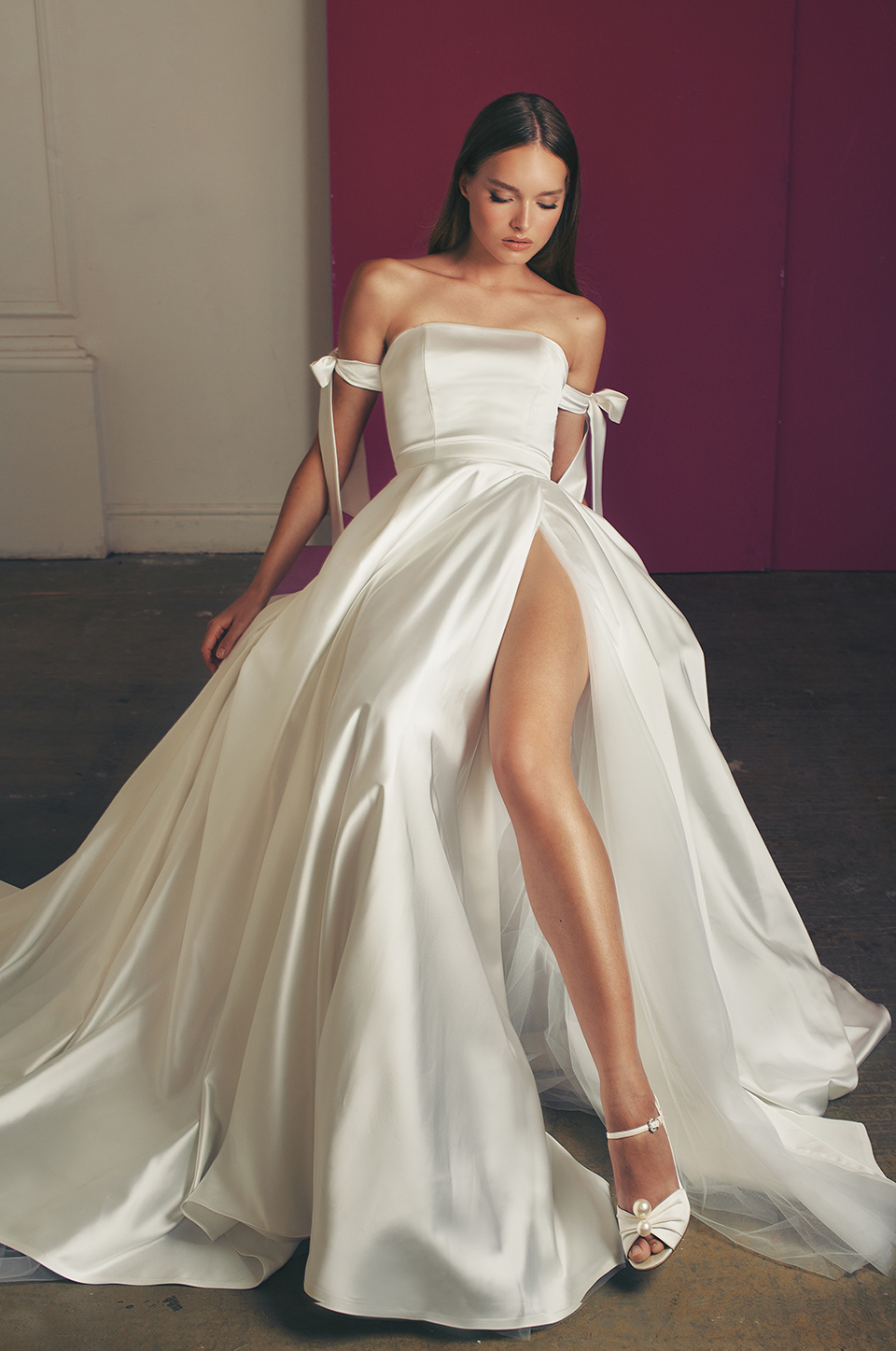 Greta Satin Thigh-High Side Slit Wedding Dress - Galia Lahav