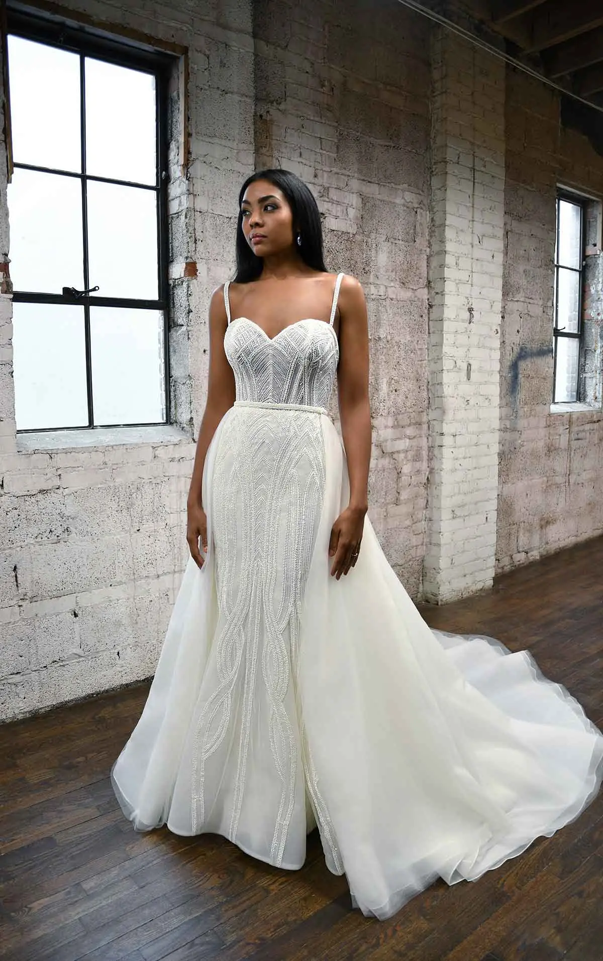 Sleek Fit-and-Flare Beaded Wedding Gown with Overskirt - LE1125  Beaded  wedding gowns, Wedding dress overskirt, Fit and flare wedding dress